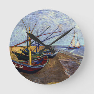 Fishing Boats on Beach Round Clock