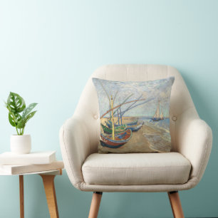 Fishing Boats on the Beach by Vincent Van Gogh  Cushion