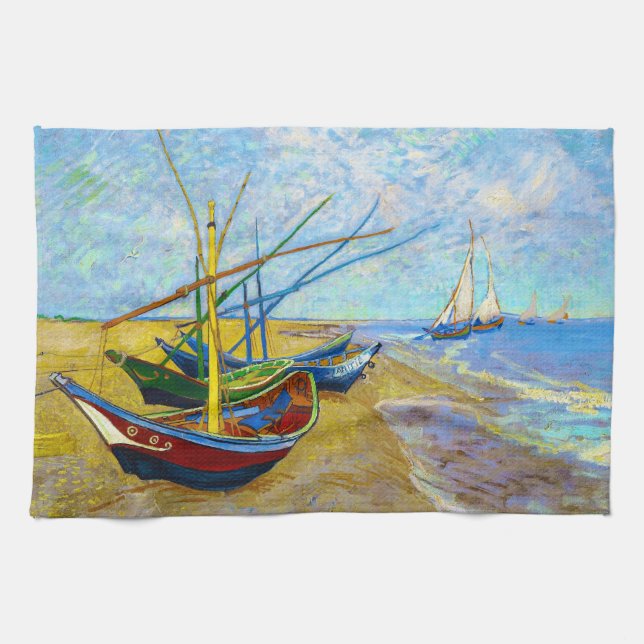 Fishing Boats on the Beach by Vincent Van Gogh Tea Towel (Horizontal)