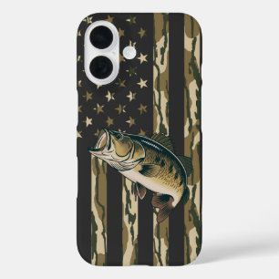 Fishing Bottomland Camo American Flag Bass Fish iPhone 16 Case