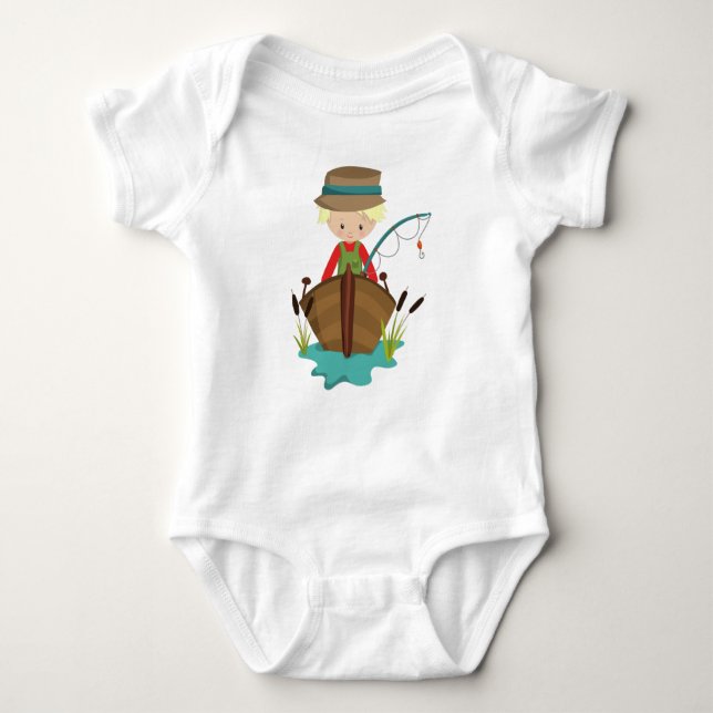 Fishing Boy, Fisherman, Fishing Rod, Blonde Hair Baby Bodysuit (Front)