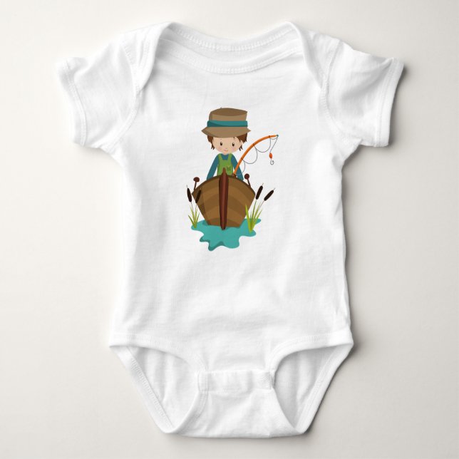 Fishing Boy, Fisherman, Fishing Rod, Brown Hair Baby Bodysuit (Front)