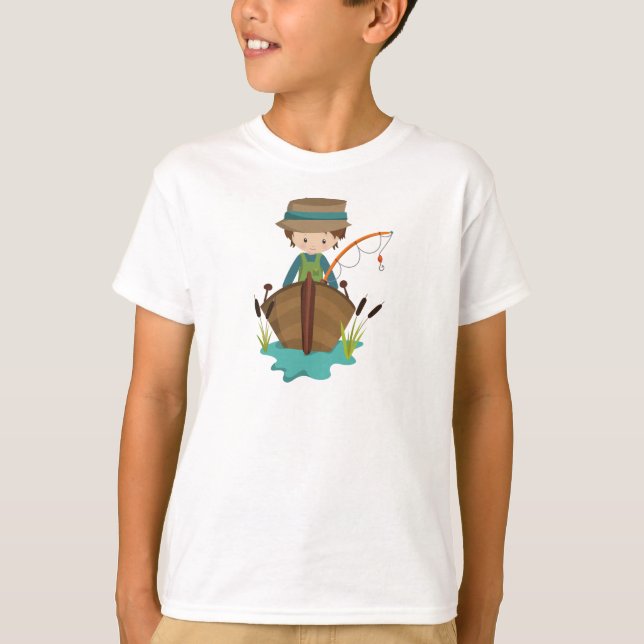 Fishing Boy, Fisherman, Fishing Rod, Brown Hair T-Shirt (Front)