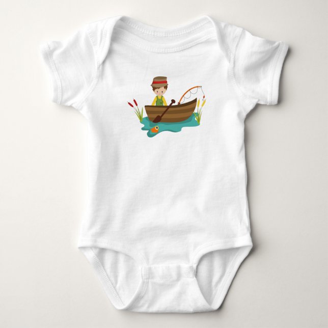 Fishing Boy, Fishing Rod, Fisherman, Brown Hair Baby Bodysuit (Front)