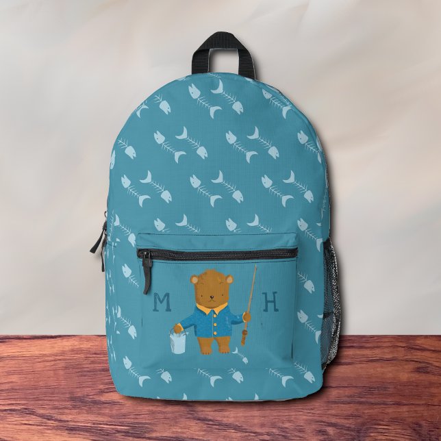 Fishing Brown Bear Kid Blue Backpack  (Cute kid backpack with a fishing brown bear .)