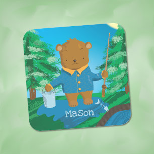 Fishing Brown Bear Kid Blue Green Sticker