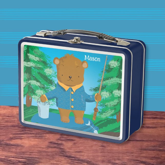 Fishing Brown Bear Kid Metal Lunchbox (Cartoon fishing brown bear kid lunch box with name . )