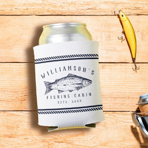 Fishing Cabin family name Minimal Navy blue Rustic Can Cooler