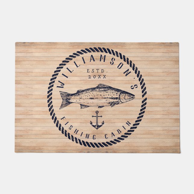 Fishing Cabin family name Wood Navy blue Rustic Doormat (Front)
