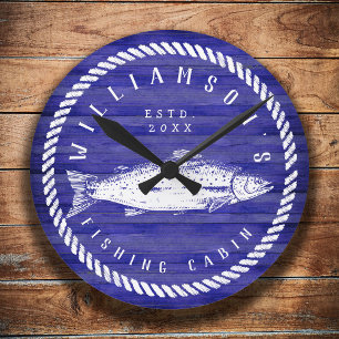 Fishing Cabin family name Wood Navy blue Rustic Round Clock
