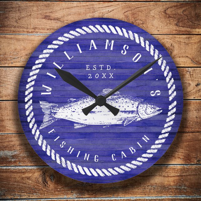 Fishing Cabin family name Wood Navy blue Rustic Round Clock (Creator Uploaded)