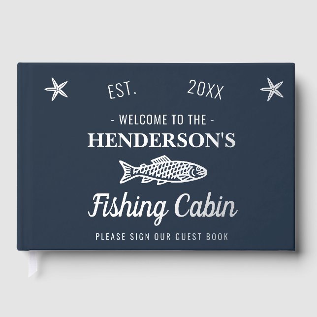 Fishing Cabin Personalised Welcome Silver Fish Guest Book (Front)