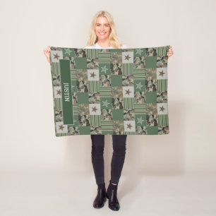 Fishing Camouflage Camo Patchwork Khaki Green Fleece Blanket