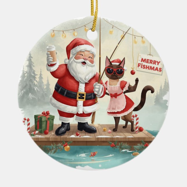 Fishing Christmas Themed  Ceramic Ornament (Front)