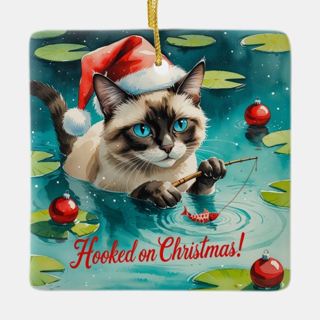 Fishing Christmas themed for Cat Lovers Ceramic Ornament (Front)