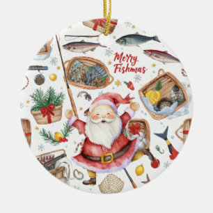Fishing Christmas Themed with Santa Claus Ceramic Ornament