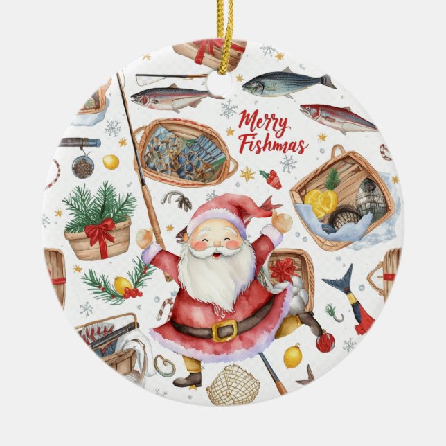Fishing Christmas Themed with Santa Claus Ceramic Ornament (Front)