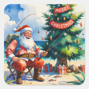 Fishing Christmas themed with Santa Claus Square Sticker