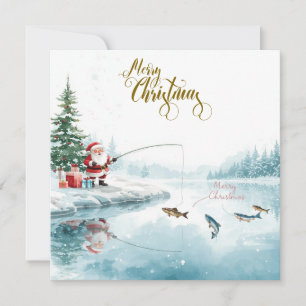 Fishing Christmas with Santa Claus  Holiday Card