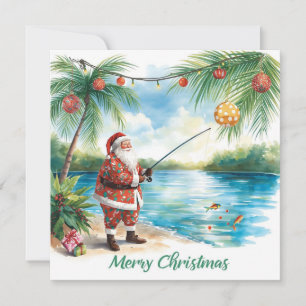 Fishing Christmas with Santa Claus Holiday Card
