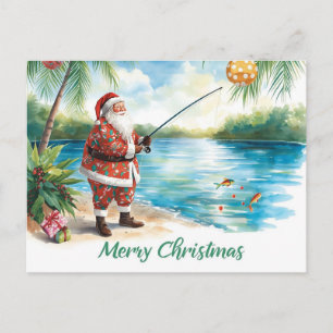 Fishing Christmas with Santa Claus Holiday Postcard