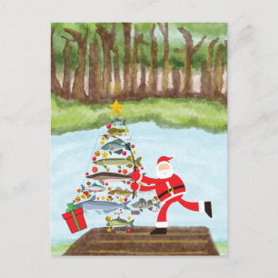 Fishing Christmas with Santa Claus Holiday Postcard