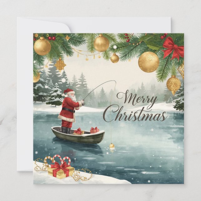 Fishing Christmas with Santa Claus in the Winter Holiday Card (Front)
