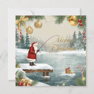 Fishing Christmas with Santa Claus in the Winter Holiday Card