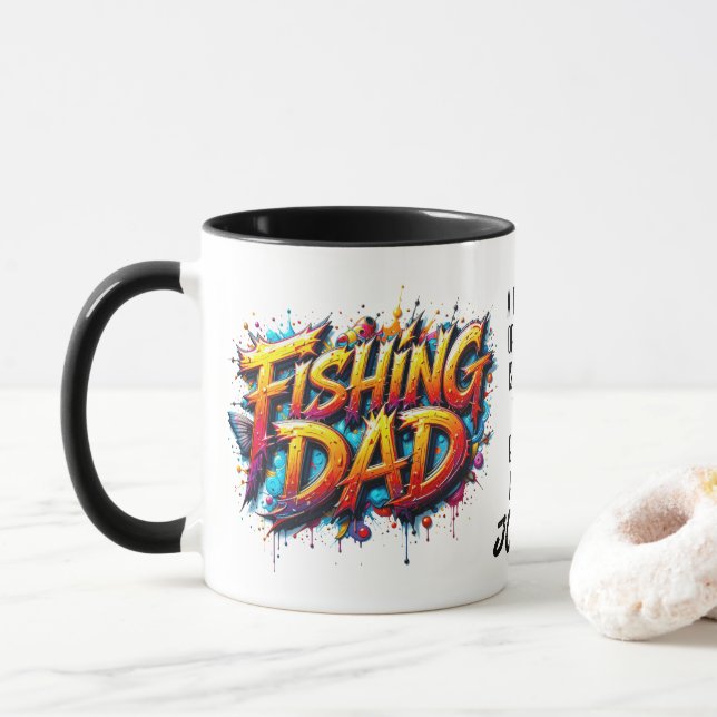 Fishing Dad Gold Red Colourful Graffiti Quote Mug (With Donut)