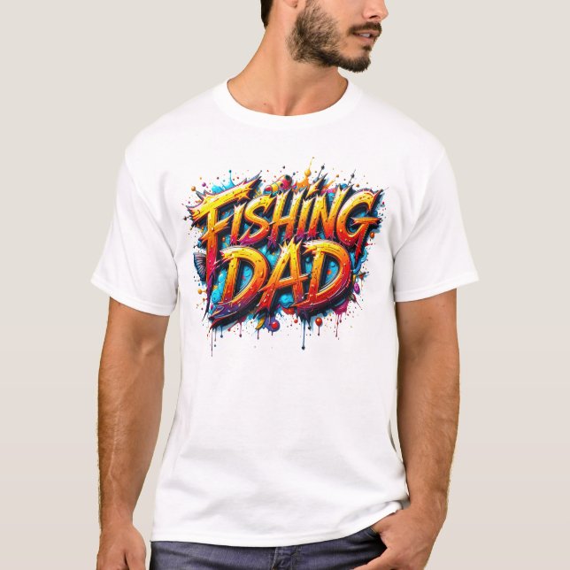 Fishing Dad Gold Red Colourful Graffiti White T-Shirt (Front)