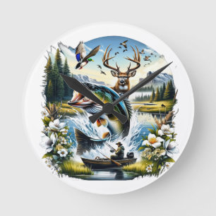 Fishing, Deer, Duck Hunting Round Clock