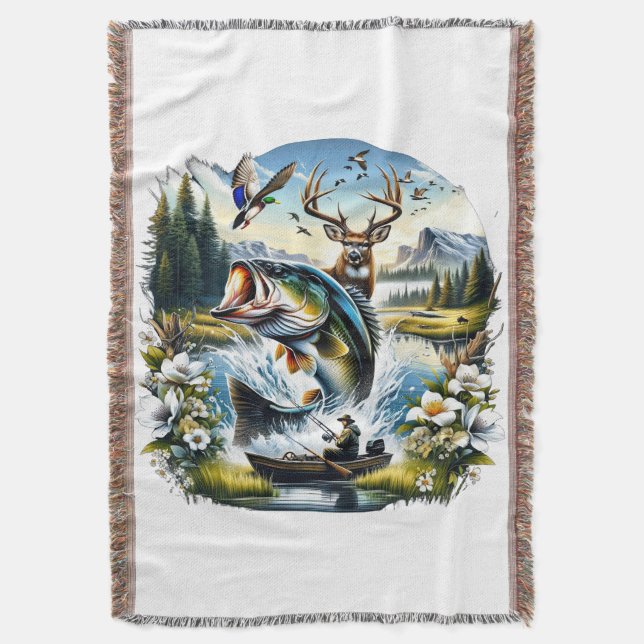 Fishing, Deer, Duck Hunting Throw Blanket (Front Vertical)