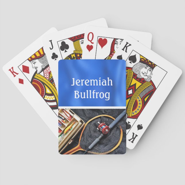 Fishing Design with Rod and Reel personalise Name Playing Cards (Back)