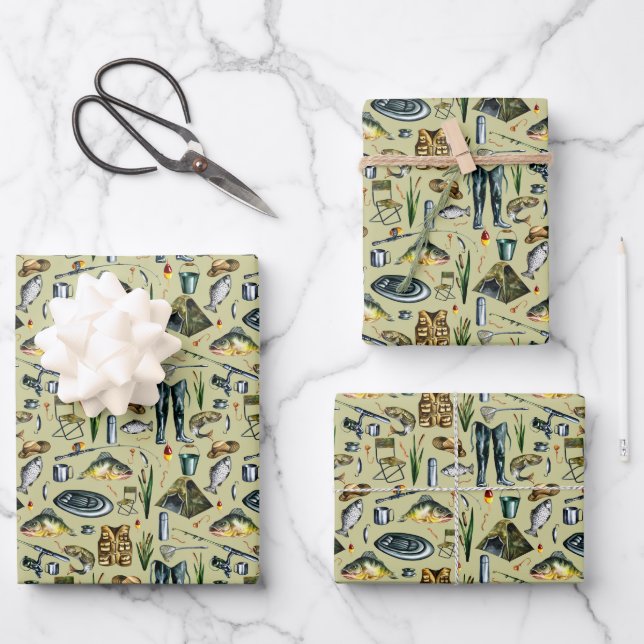 Fishing Equipment Fish Raft Tent Waders Pattern Wrapping Paper Sheet (Front)