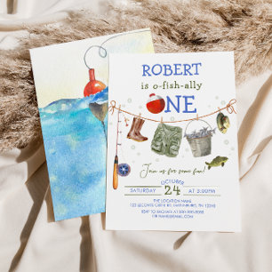 Fishing First Birthday Blue Boy O-fish-ally Invitation