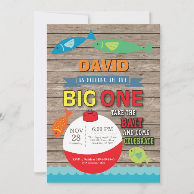 Fishing First Birthday Invitation Big One Rustic (Front)