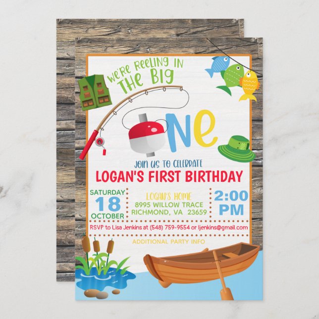 Fishing First Birthday Invitation - The Big One (Front/Back)