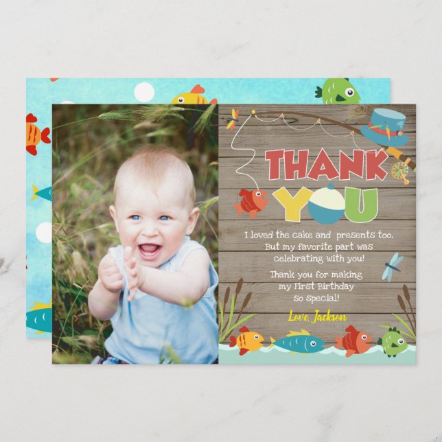 Fishing Fish Birthday Thank You Cards (Front/Back)