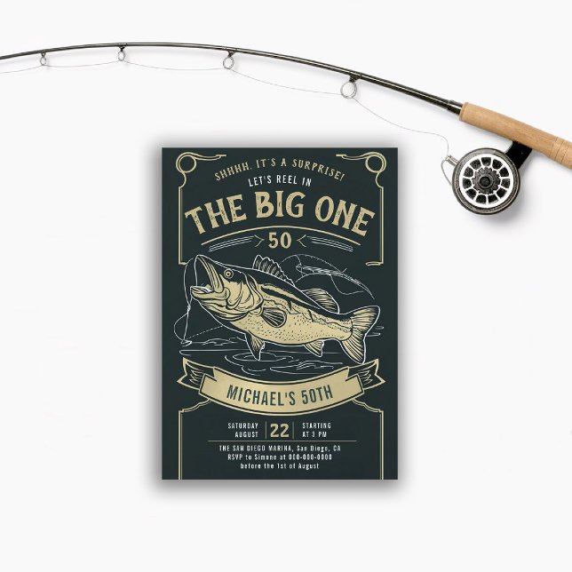 Fishing Fish Fisherman Adult Men 50th Birthday Invitation (men 50th birthday party invitation fish fishing fisherman reel black gold modern fun elegant)