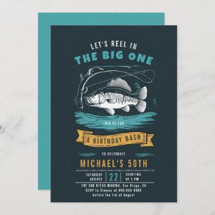 Fishing Fish Reel Blue Casual Men 50th Birthday Invitation