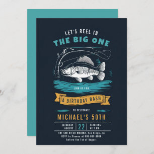 Fishing Fish Reel Blue Navy Men 50th Birthday Invitation