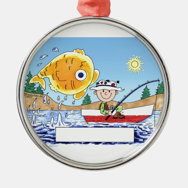 Fishing, Fisherman - Personalised Cartoon Metal Ornament (Front)
