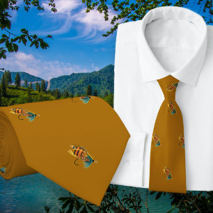 Fishing Flies Fisherman Golden Neck Tie