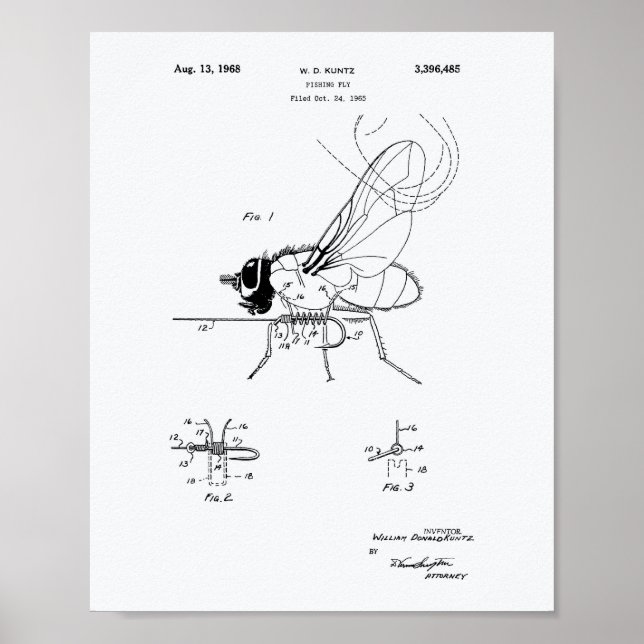 Fishing Fly 1968 Patent Art White Paper Poster (Front)