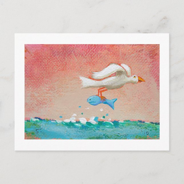 Fishing for dinner - Tiny Art #608 Bird & Fish art Postcard (Front)