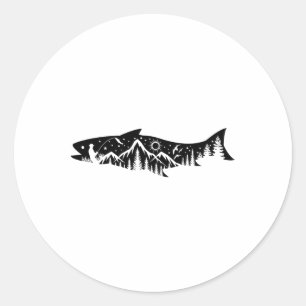 Fishing Forest Mountain Silhouette Outdoor Adventu Classic Round Sticker