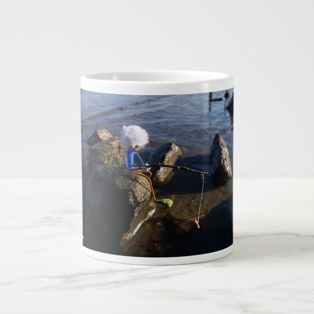 Fishing Fubby on a rock. Large Coffee Mug (Front)