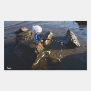 Fishing Fubby on a rock. Rectangular Sticker