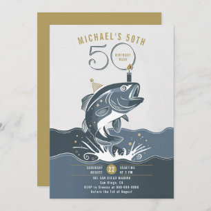 Fishing Fun Big Fish Blue Casual Men 50th Birthday Invitation