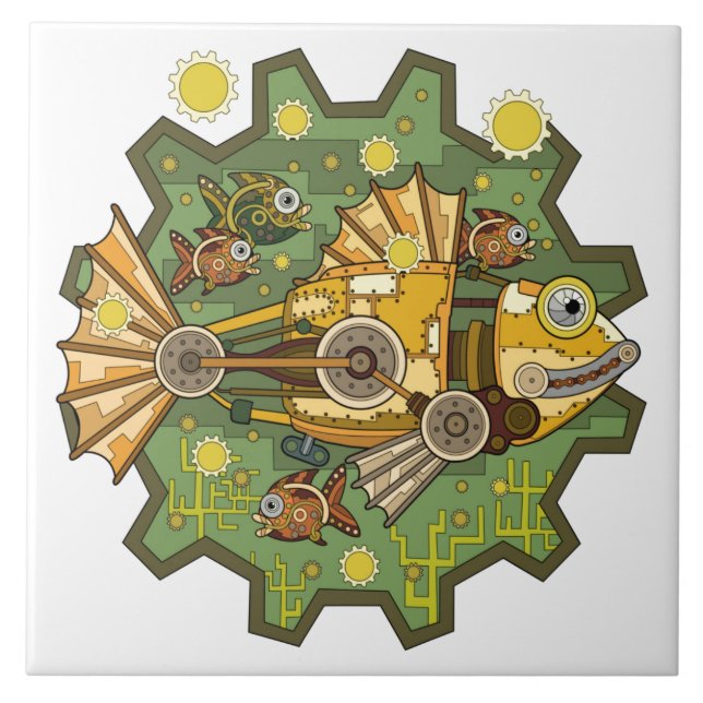 Fishing Gear, Whimsical Mechanical Fish Ceramic Tile (Front)